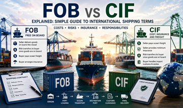 Comparaison entre les termes de livraison FOB et CIF avec transport de marchandises par porte-conteneurs et opérations logistiques internationales