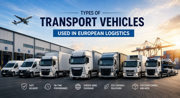 Différents véhicules de transport utilisés dans la logistique européenne, notamment des fourgonnettes de livraison, des camions, des semi-remorques et des véhicules frigorifiques